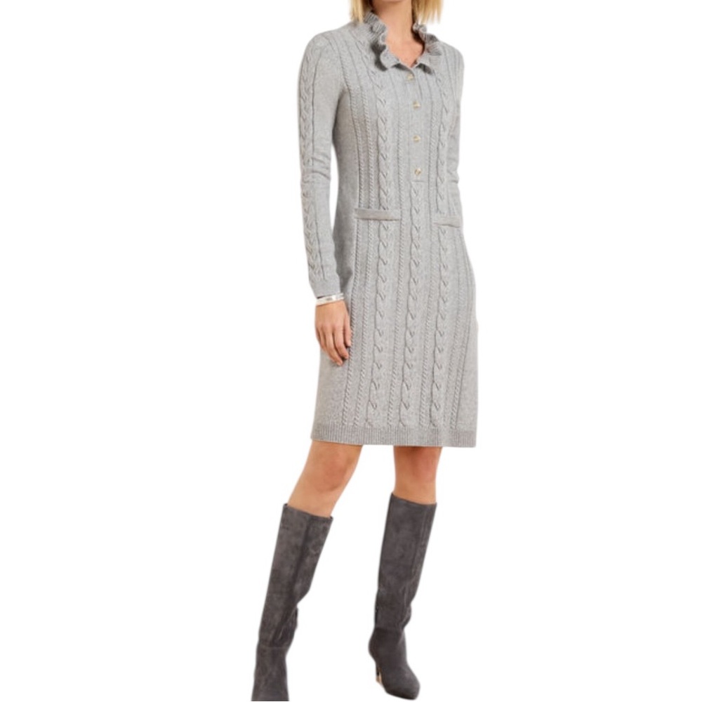 Talbots Light Gray Cable-Knit Ruffle Collar Neck Sweater Dress - Picture 2 of 5
